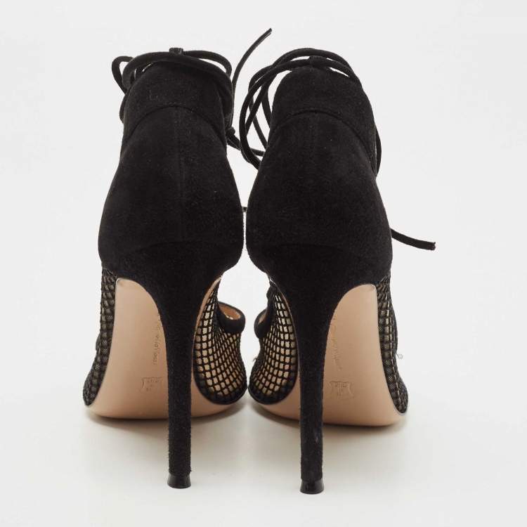 Pre Owned Gianvito Rossi Black Suede and Mesh Ankle Tie Pumps Size 38