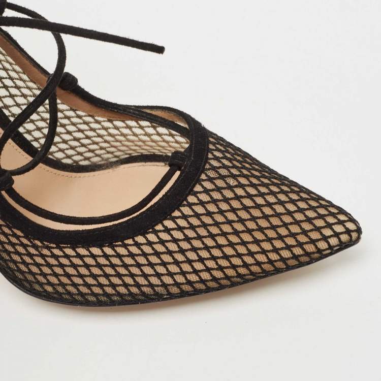 Pre Owned Gianvito Rossi Black Suede and Mesh Ankle Tie Pumps Size 38