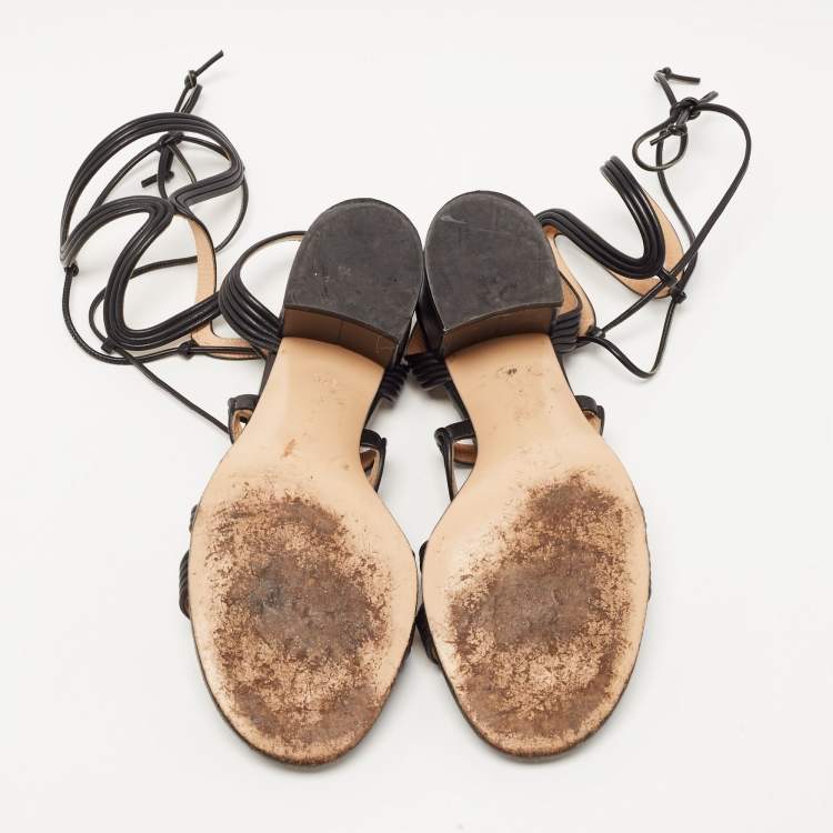 Pre Owned Gianvito Rossi Black Leather Hydra Lace Up Sandals Size 37.5