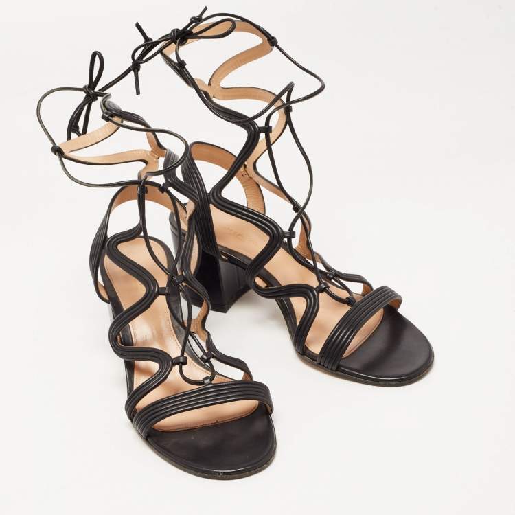Pre Owned Gianvito Rossi Black Leather Hydra Lace Up Sandals Size 37.5