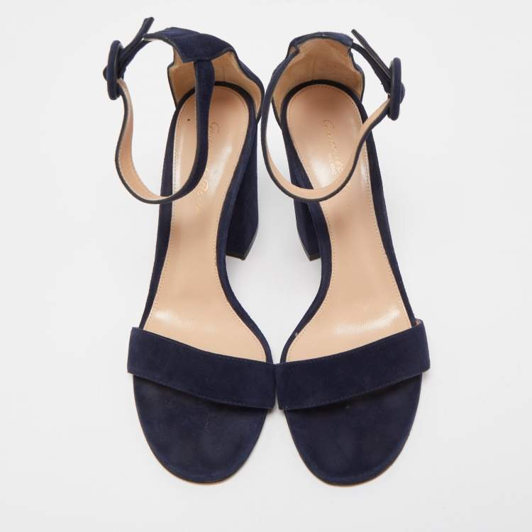 Pre Owned Gianvito Rossi Navy Blue Suede Portofino Ankle Strap Sandals Size 37.5
