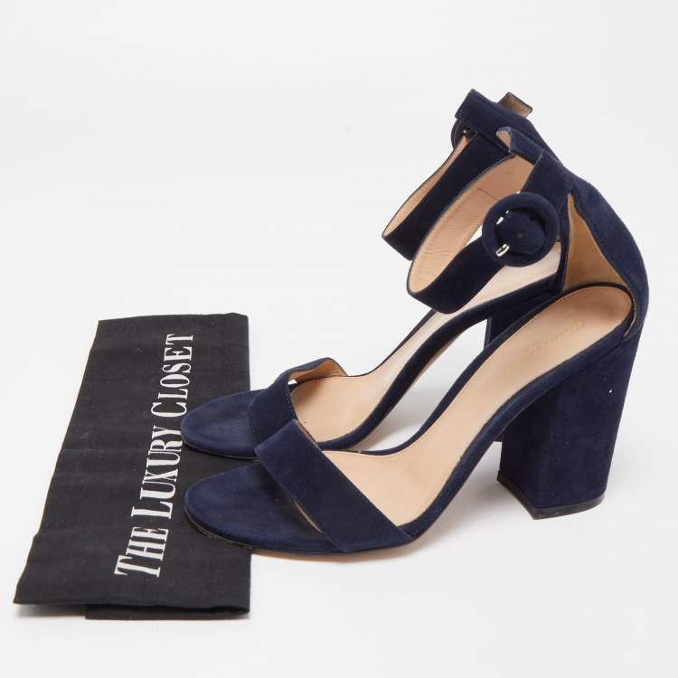 Pre Owned Gianvito Rossi Navy Blue Suede Portofino Ankle Strap Sandals Size 37.5