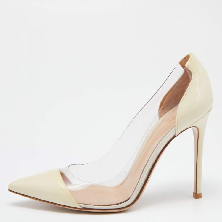 Pre Owned Gianvito Rossi Cream Leather and  PVC Plexi Pointed toe Pumps Size 37