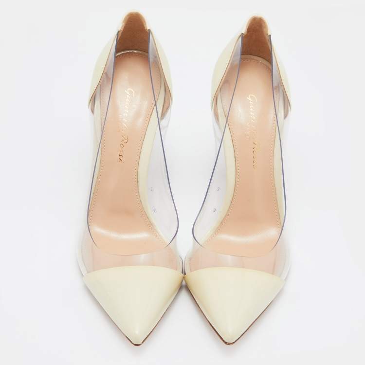 Pre Owned Gianvito Rossi Cream Leather and  PVC Plexi Pointed toe Pumps Size 37