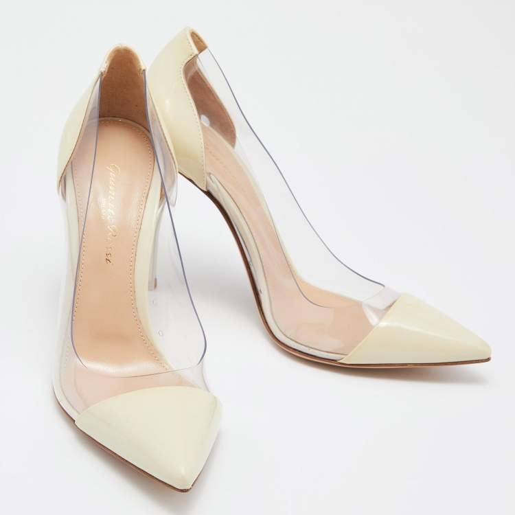Pre Owned Gianvito Rossi Cream Leather and  PVC Plexi Pointed toe Pumps Size 37