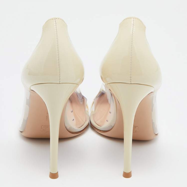 Pre Owned Gianvito Rossi Cream Leather and  PVC Plexi Pointed toe Pumps Size 37