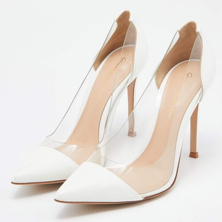 Pre Owned Gianvito Rossi White Patent Leather and  PVC Plexi Pumps Size 36