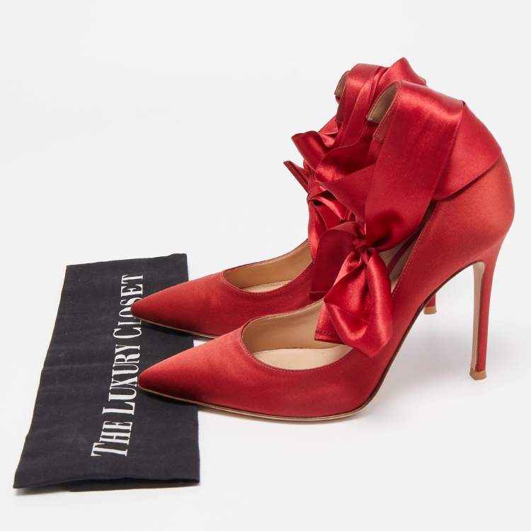 Pre Owned Gianvito Rossi Red Satin Gala Ankle Tie Pumps Size 38