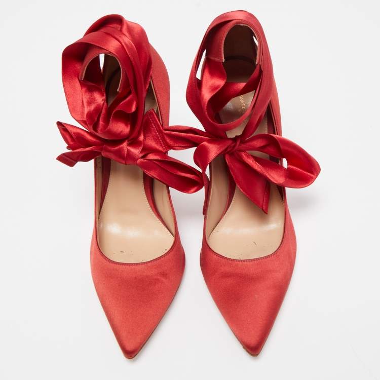 Pre Owned Gianvito Rossi Red Satin Gala Ankle Tie Pumps Size 38