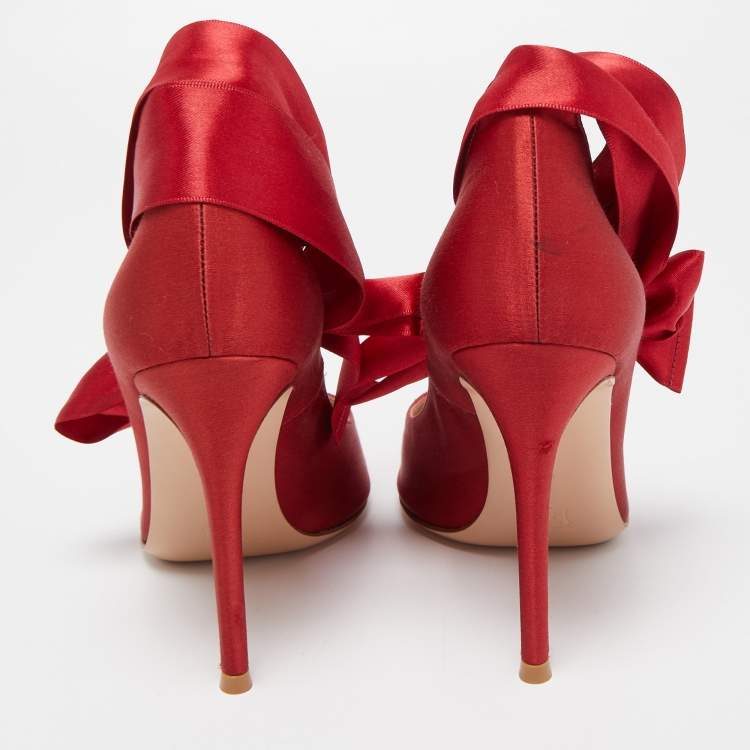 Pre Owned Gianvito Rossi Red Satin Gala Ankle Tie Pumps Size 38