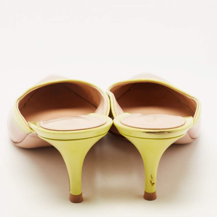 Pre Owned Gianvito Rossi Beige/Green Patent Leather Fanny Mules Size 38.5