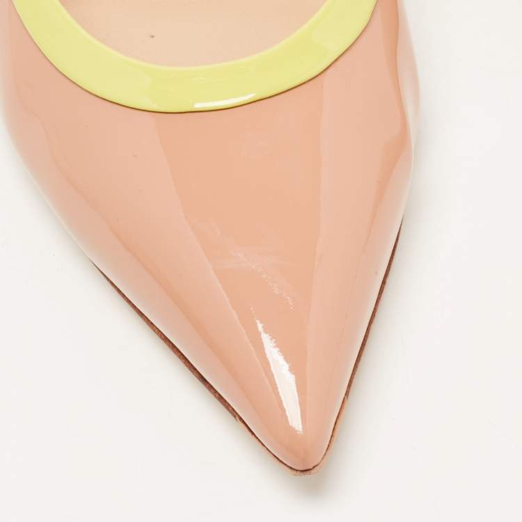 Pre Owned Gianvito Rossi Beige/Green Patent Leather Fanny Mules Size 38.5