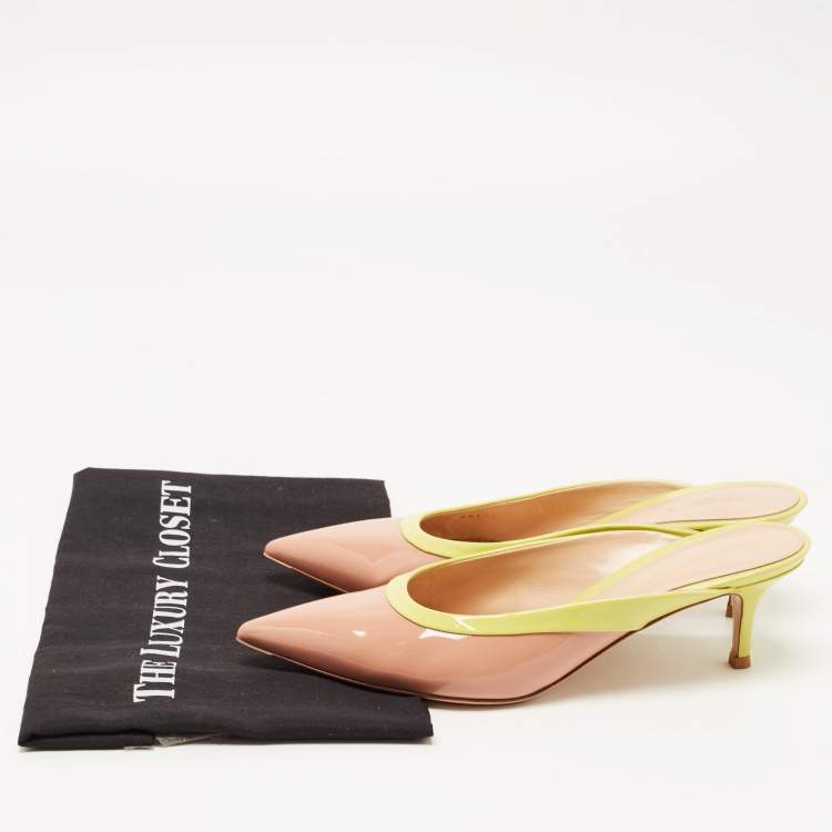 Pre Owned Gianvito Rossi Beige/Green Patent Leather Fanny Mules Size 38.5