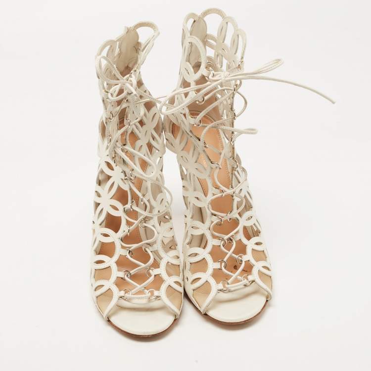 Pre Owned Gianvito Rossi White Cutout Leather Lace Up Peep Toe Sandals Size 38