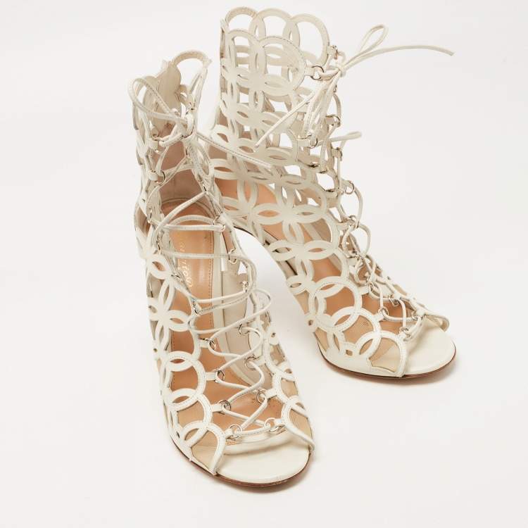 Pre Owned Gianvito Rossi White Cutout Leather Lace Up Peep Toe Sandals Size 38