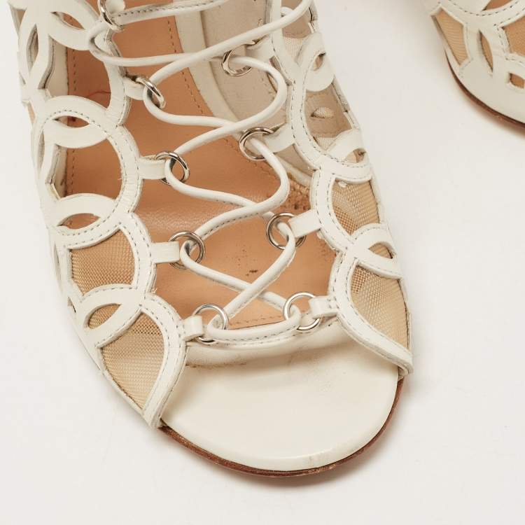 Pre Owned Gianvito Rossi White Cutout Leather Lace Up Peep Toe Sandals Size 38