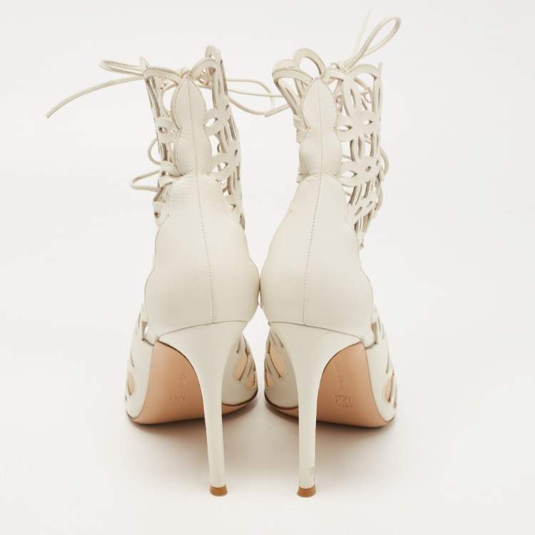 Pre Owned Gianvito Rossi White Cutout Leather Lace Up Peep Toe Sandals Size 38
