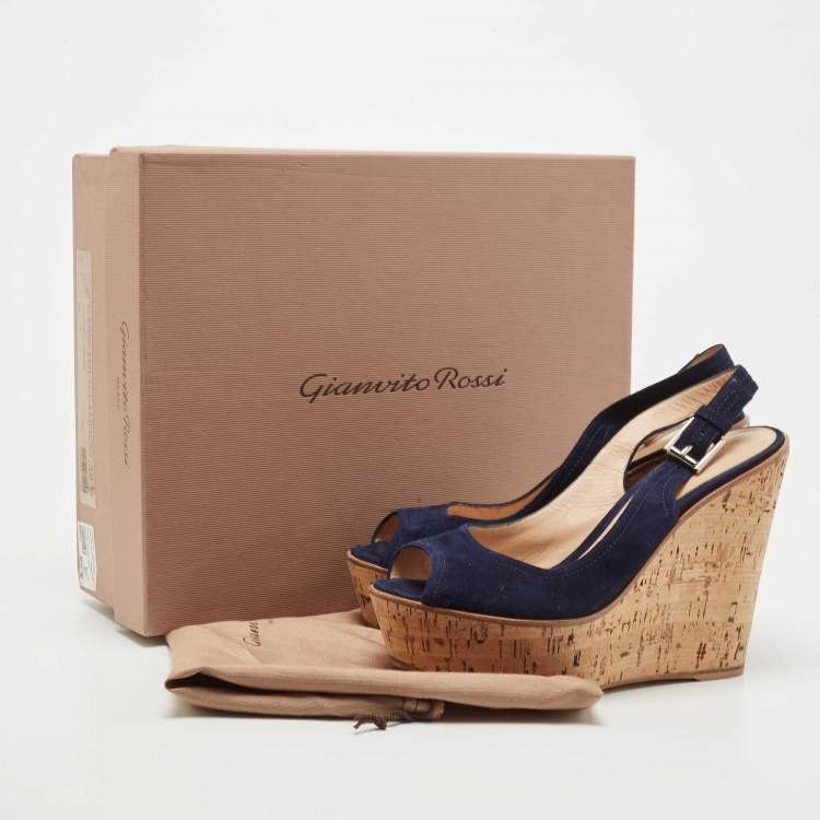 Pre Owned Gianvito Rossi Navy Blue Suede Leather Cork Wedge Peep Toe Platform Slingback Sandals Size 38.5