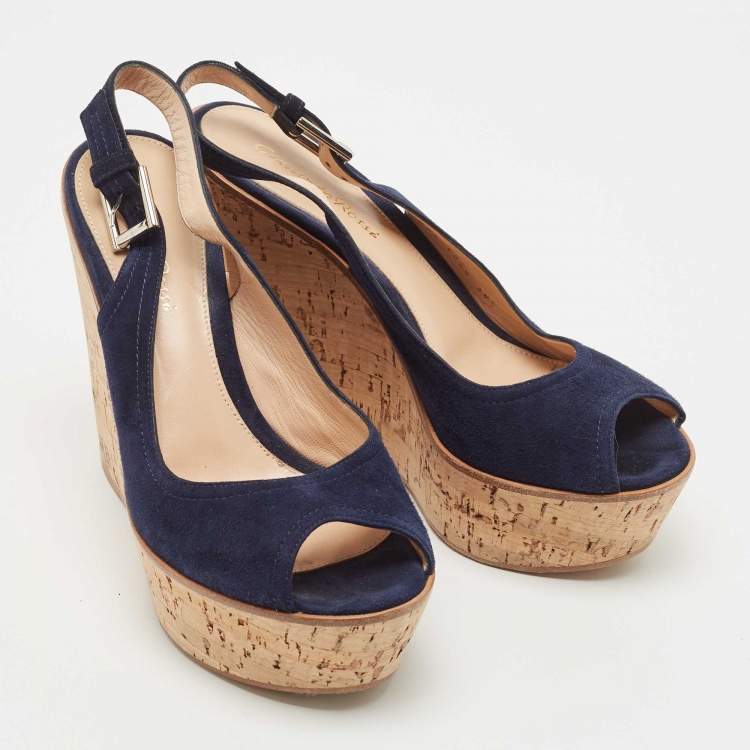 Pre Owned Gianvito Rossi Navy Blue Suede Leather Cork Wedge Peep Toe Platform Slingback Sandals Size 38.5