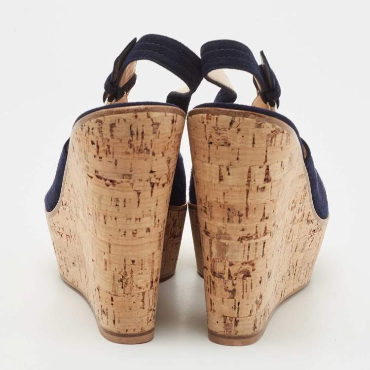 Pre Owned Gianvito Rossi Navy Blue Suede Leather Cork Wedge Peep Toe Platform Slingback Sandals Size 38.5