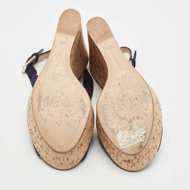 Pre Owned Gianvito Rossi Navy Blue Suede Leather Cork Wedge Peep Toe Platform Slingback Sandals Size 38.5