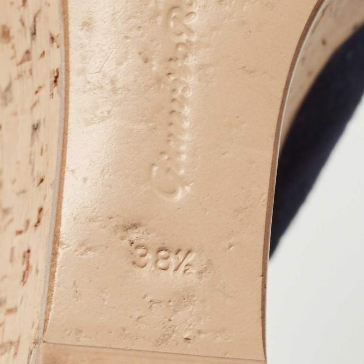 Pre Owned Gianvito Rossi Navy Blue Suede Leather Cork Wedge Peep Toe Platform Slingback Sandals Size 38.5