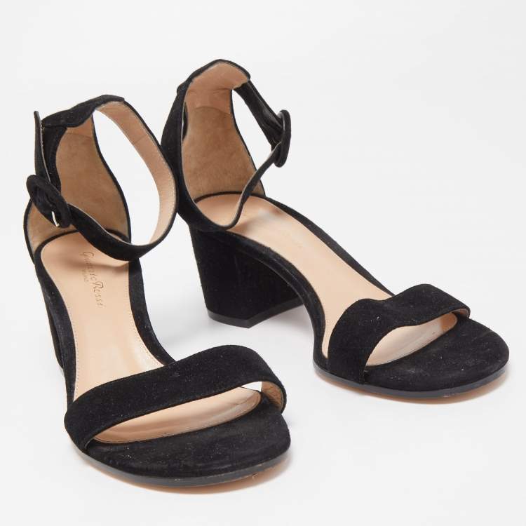 Pre Owned Gianvito Rossi Black Suede Portofino Ankle Strap Block Heel Sandals Size 38