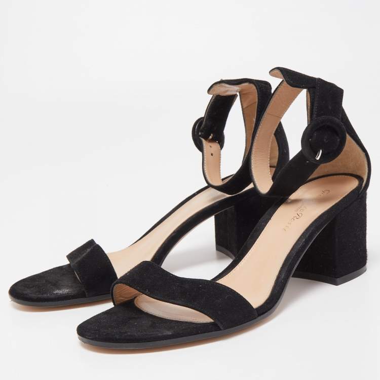 Pre Owned Gianvito Rossi Black Suede Portofino Ankle Strap Block Heel Sandals Size 38