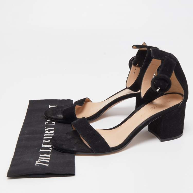 Pre Owned Gianvito Rossi Black Suede Portofino Ankle Strap Block Heel Sandals Size 38