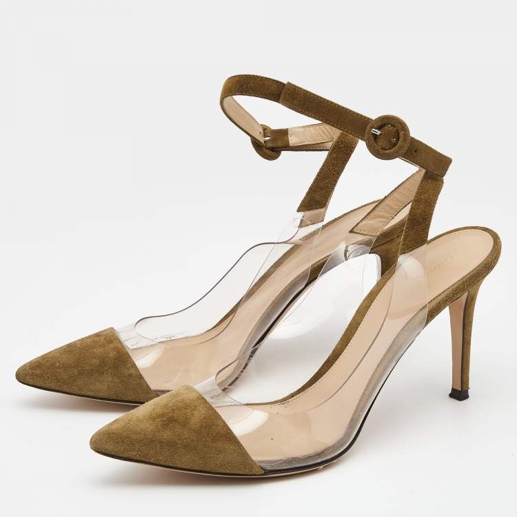 Pre Owned Gianvito Rossi Green/Transparent Suede and PVC Ankle Strap Pointed Toe Pumps Size 39