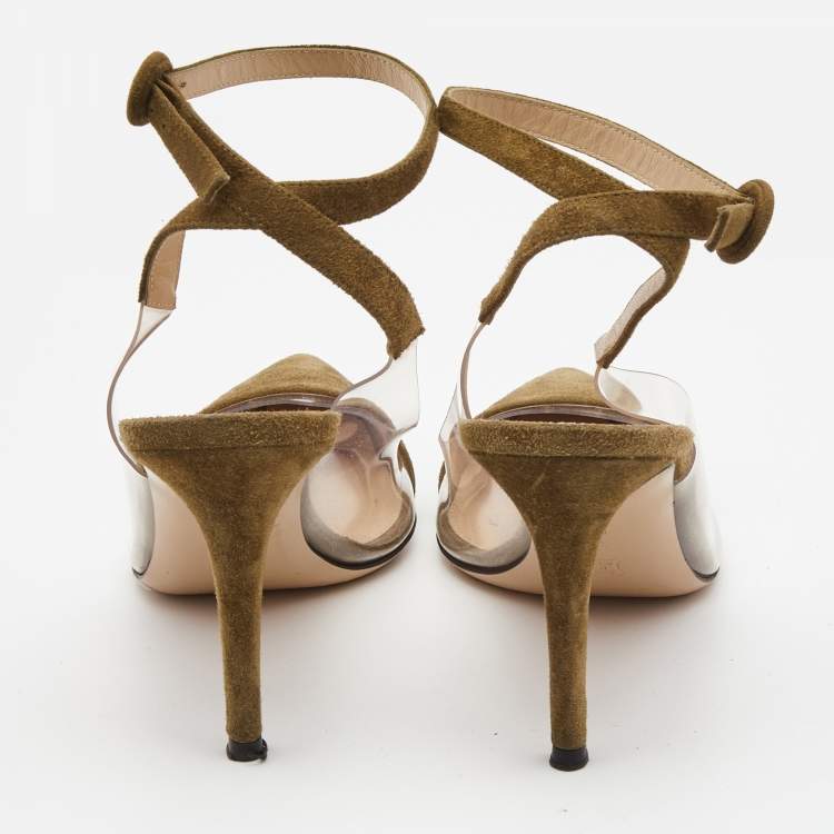 Pre Owned Gianvito Rossi Green/Transparent Suede and PVC Ankle Strap Pointed Toe Pumps Size 39