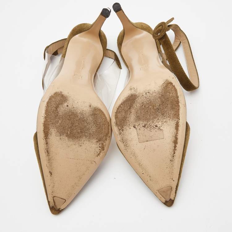 Pre Owned Gianvito Rossi Green/Transparent Suede and PVC Ankle Strap Pointed Toe Pumps Size 39