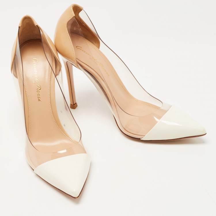 Pre Owned Gianvito Rossi White/Beige Patent Leather and PVC Plexi Pumps Size 35