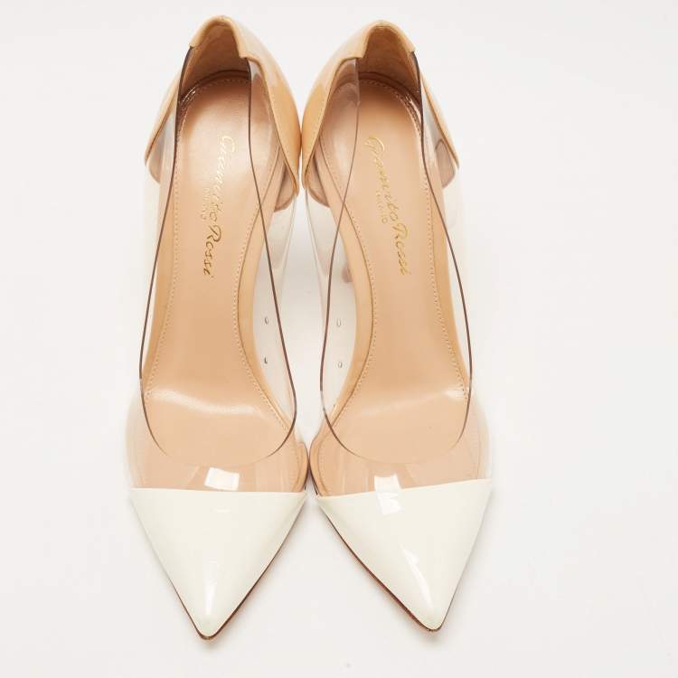 Pre Owned Gianvito Rossi White/Beige Patent Leather and PVC Plexi Pumps Size 35