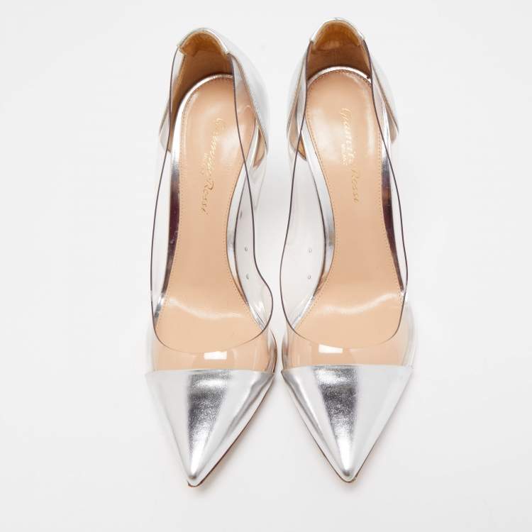 Pre Owned Gianvito Rossi Silver Leather and PVC Plexi Pumps Size 38