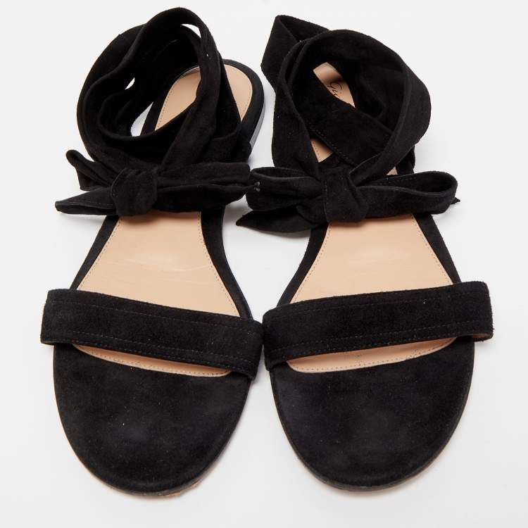 Pre Owned Gianvito Rossi Black Suede Ankle Wrap Flat Sandals Size 38.5