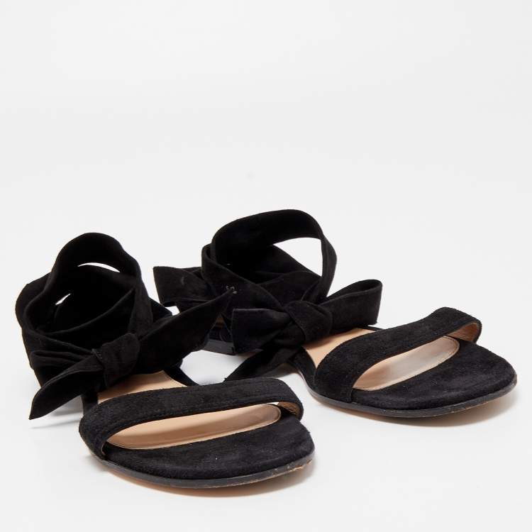 Pre Owned Gianvito Rossi Black Suede Ankle Wrap Flat Sandals Size 38.5