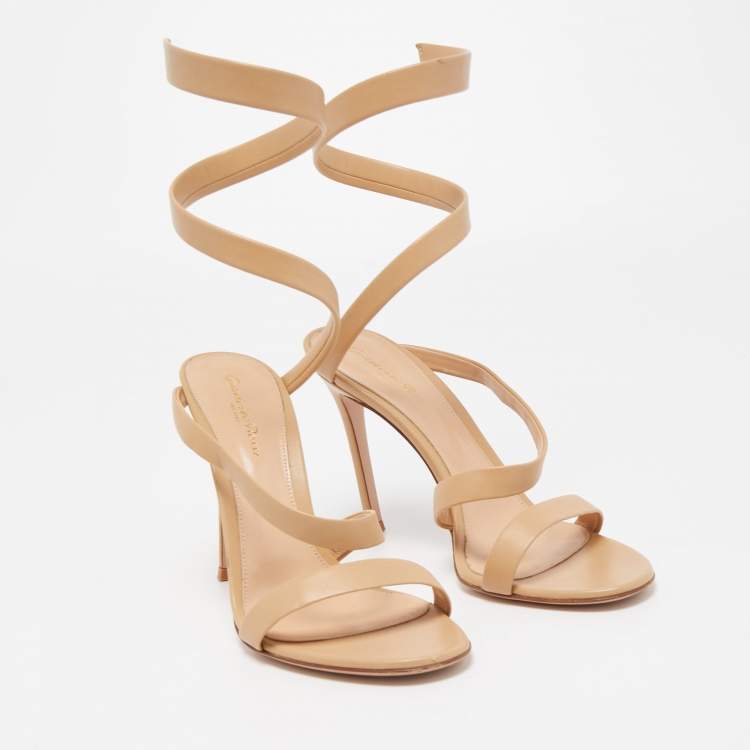 Pre Owned Gianvito Rossi Beige Leather Opera Twirl Ankle Wrap Sandals Size 38.5