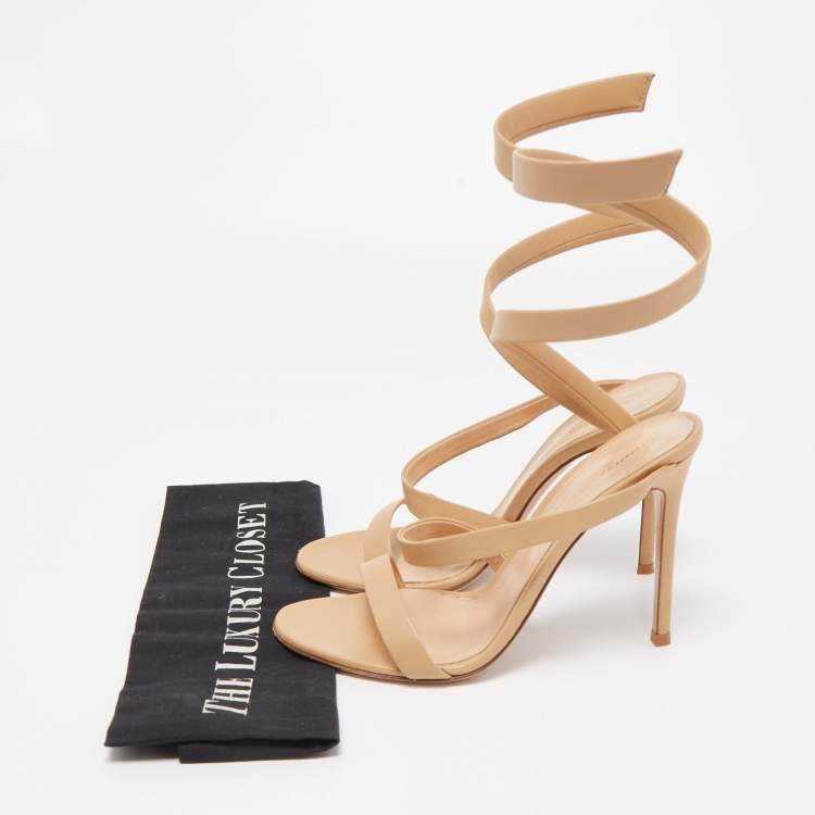 Pre Owned Gianvito Rossi Beige Leather Opera Twirl Ankle Wrap Sandals Size 38.5