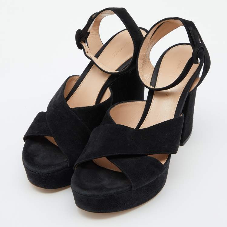 Pre Owned Gianvito Rossi Black Suede Block Heel Ankle Strap Sandals Size 39