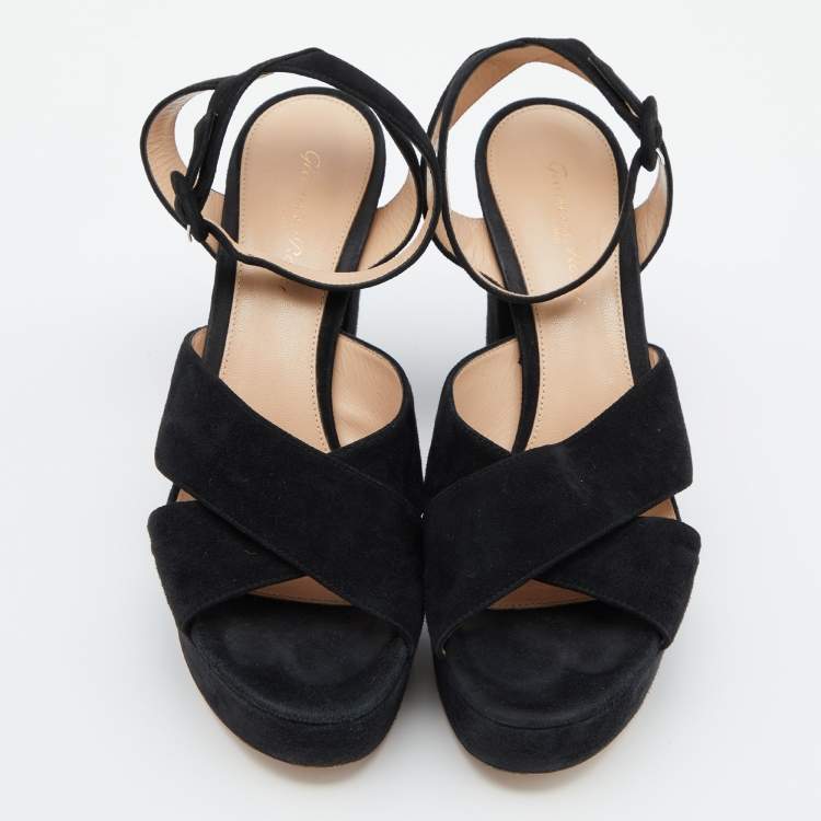 Pre Owned Gianvito Rossi Black Suede Block Heel Ankle Strap Sandals Size 39