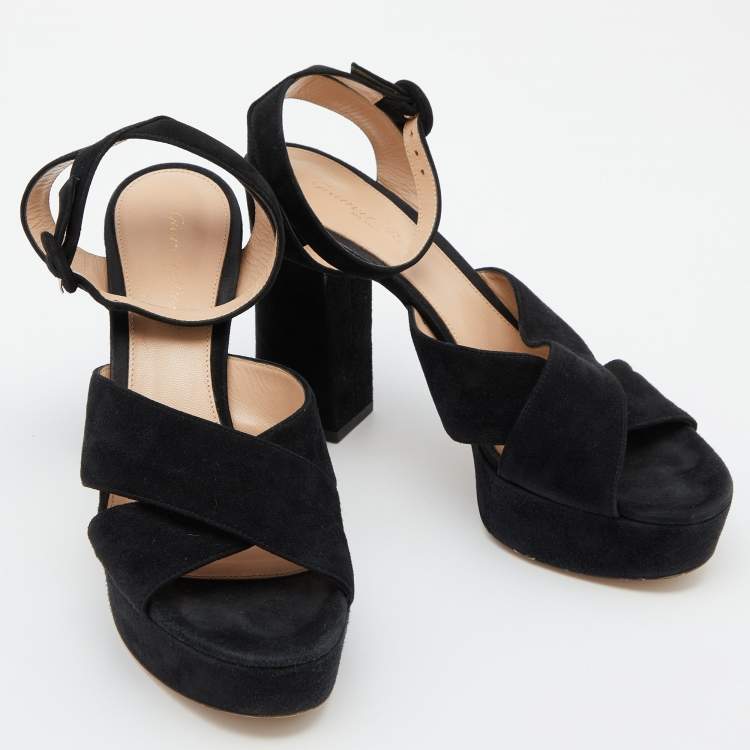 Pre Owned Gianvito Rossi Black Suede Block Heel Ankle Strap Sandals Size 39