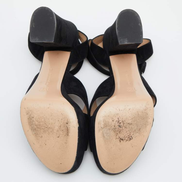 Pre Owned Gianvito Rossi Black Suede Block Heel Ankle Strap Sandals Size 39