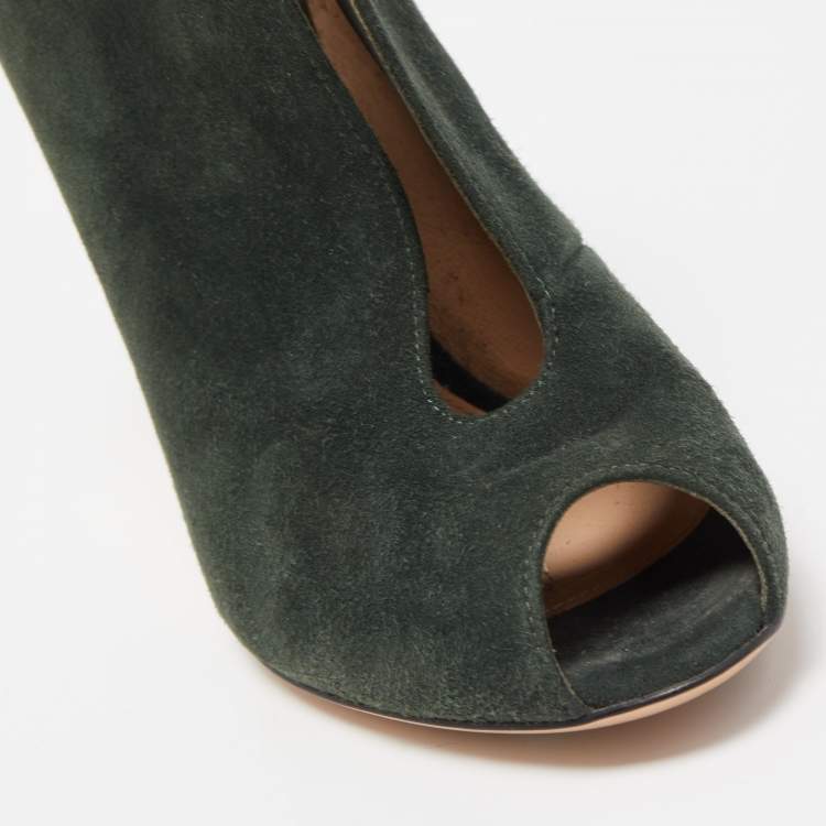 Pre Owned Gianvito Rossi Dark Green Suede Vamp Peep Toe Booties Size 35.5
