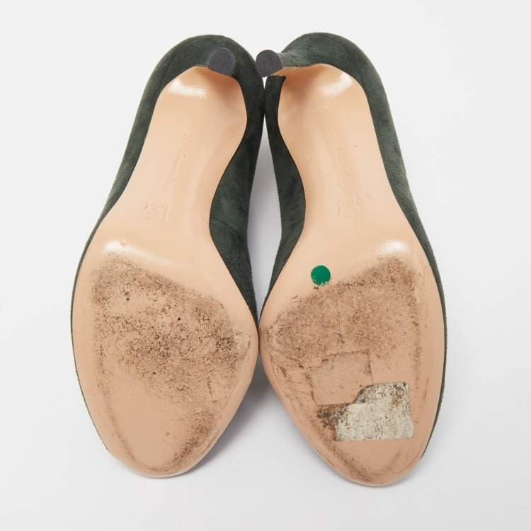 Pre Owned Gianvito Rossi Dark Green Suede Vamp Peep Toe Booties Size 35.5