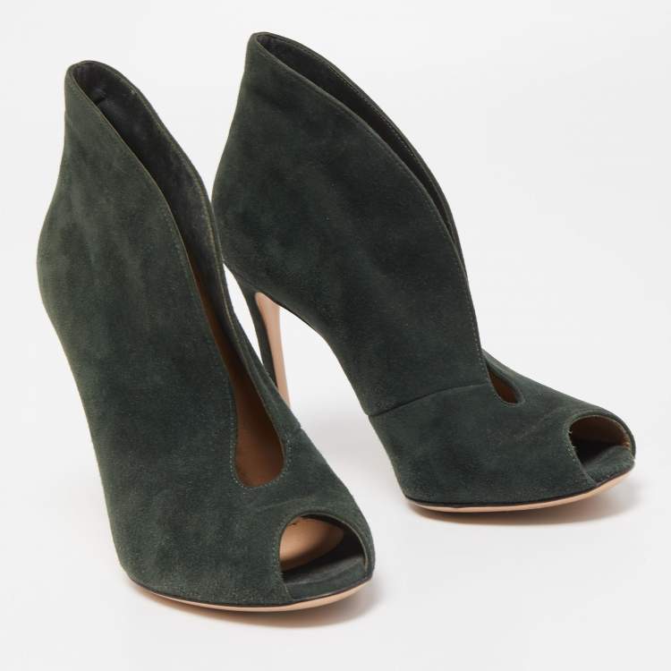 Pre Owned Gianvito Rossi Dark Green Suede Vamp Peep Toe Booties Size 35.5
