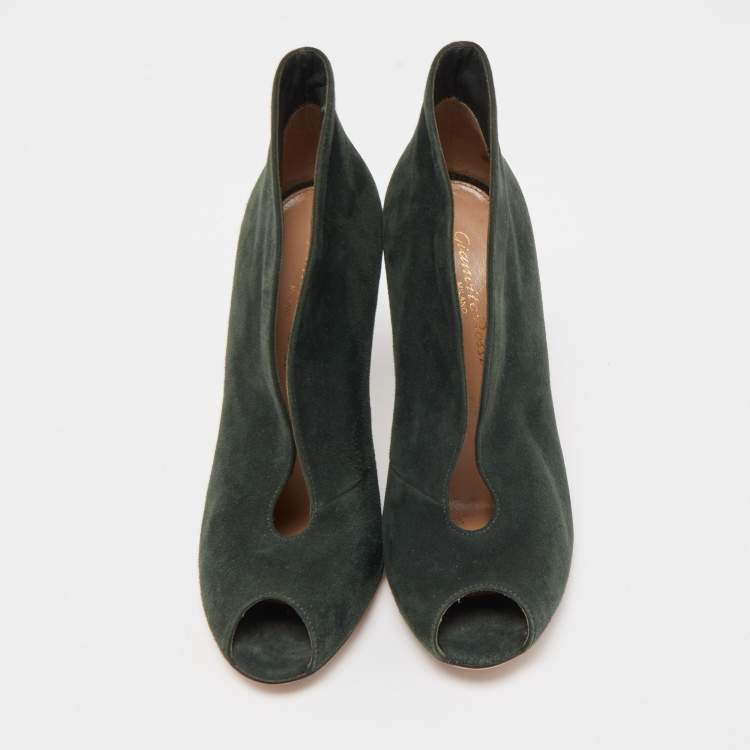 Pre Owned Gianvito Rossi Dark Green Suede Vamp Peep Toe Booties Size 35.5