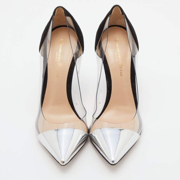 Pre Owned Gianvito Rossi Black/Silver PVC, Suede and Patent Leather Plexi Pumps Size 35