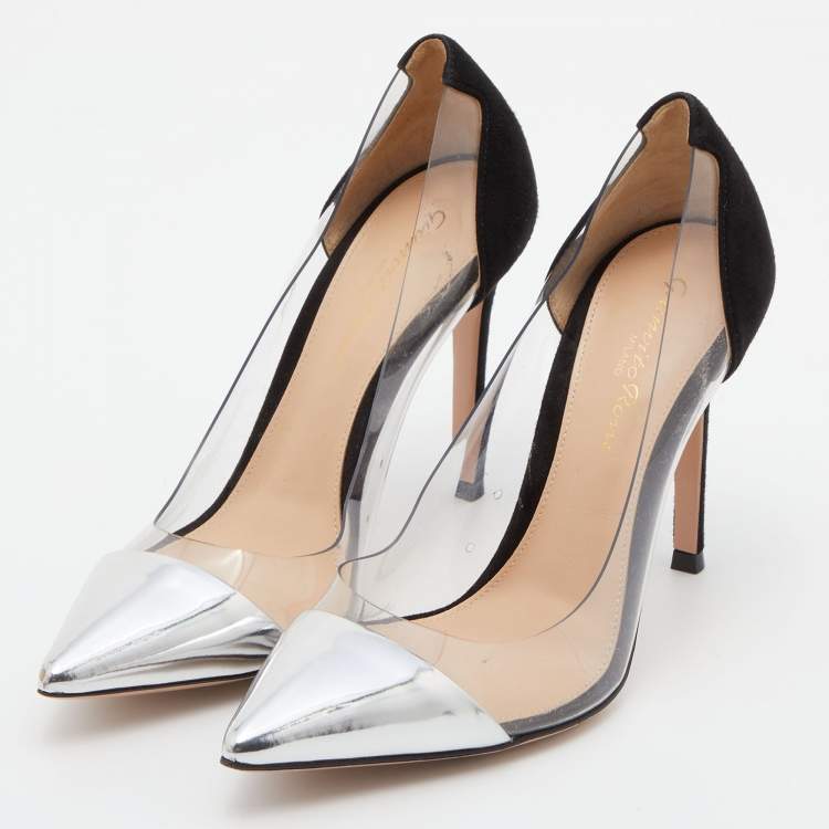 Pre Owned Gianvito Rossi Black/Silver PVC, Suede and Patent Leather Plexi Pumps Size 35