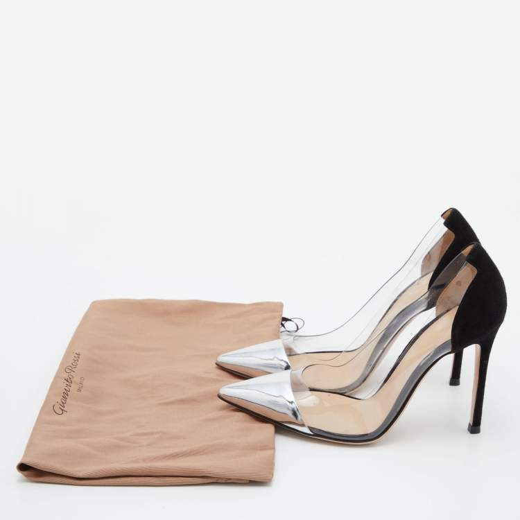 Pre Owned Gianvito Rossi Black/Silver PVC, Suede and Patent Leather Plexi Pumps Size 35